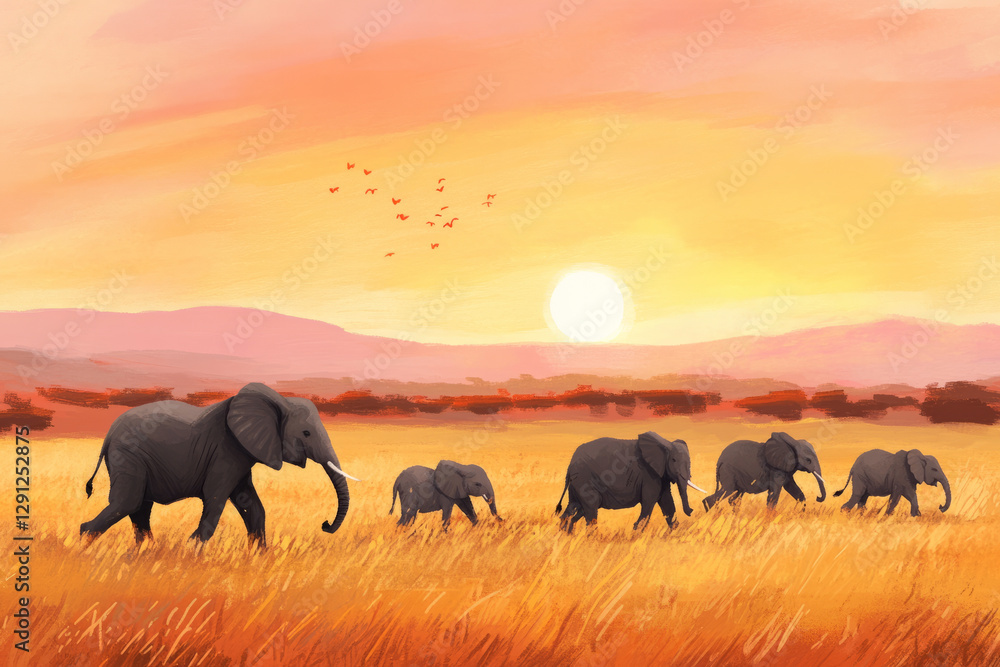 Fototapeta premium Illustration of a family of elephants roaming across the African savannah. The elephants move gracefully across the golden grass, while the setting sun paints the sky in warm shades of orange and pink