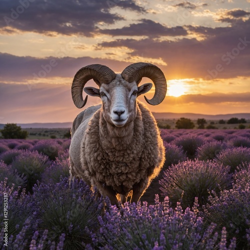 A ram in a lavender field with the sun dipping below the horizon.