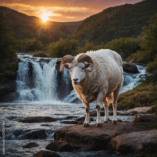 A white ram standing near a waterfall with a stunning sunset in the background.