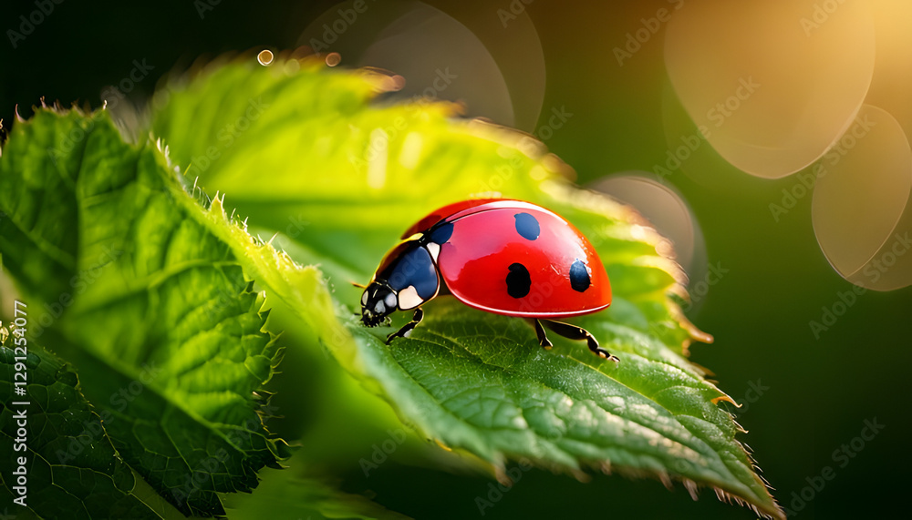 Obraz premium Ladybug on a Leaf with Soft Bokeh Background