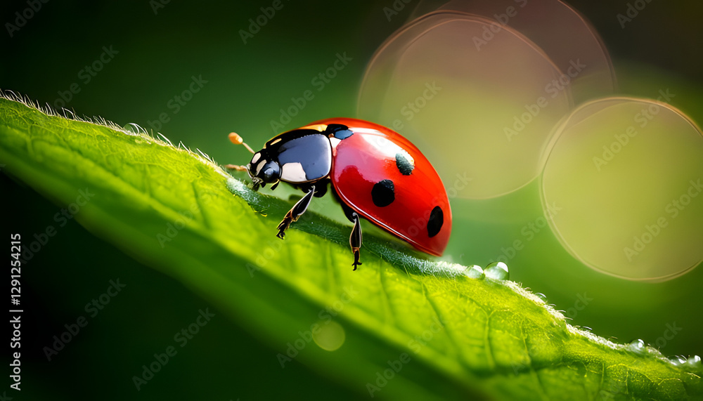 Ladybug on a Leaf with Dewdrops and Soft Bokeh Background Ladybug on a Leaf with Dewdrops and Soft Bokeh Background