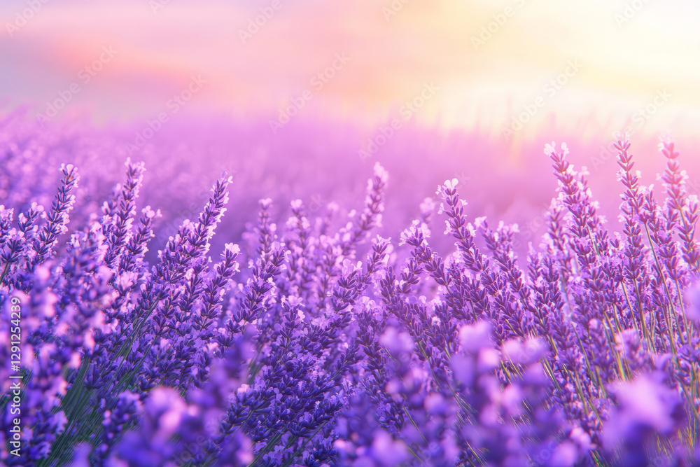 Obraz premium Illustration of a field of lavender in full bloom, with the soft purple flowers stretching as far as the eye can see, and a calm breeze rustling through. The scene conveys peacefulness and the