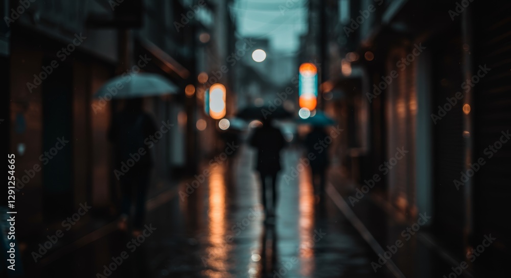 Fototapeta premium Blurred Alleyway at Dusk, People with Umbrellas Walking on Wet Pavement Reflecting Neon Lights under a Streetlamp