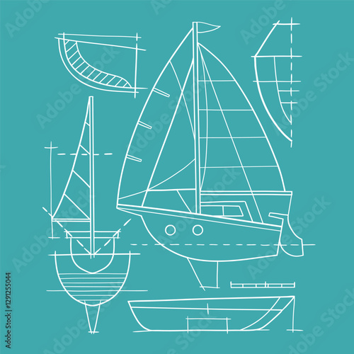 Hand drawn vector sailboat blueprint. Sailing ship sketch design. EPS10 vector file.	