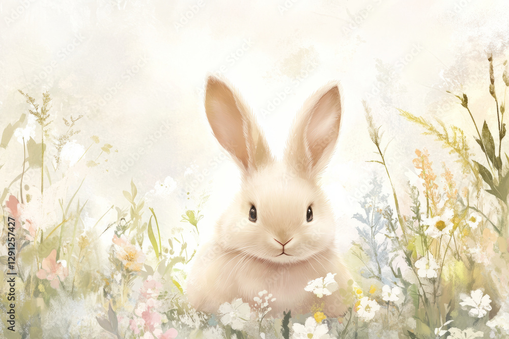 Obraz premium Illustration of a fluffy bunny with large ears, sitting in a meadow full of pastel colored flowers. The bunny soft fur and the delicate, dreamy surroundings create a peaceful, whimsical atmosphere