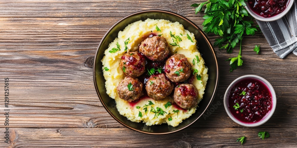 Swedish Meatballs with Mashed Potatoes and Lingonberry Sauce on a rustic wood background Swedish Meatballs with Mashed Potatoes and Lingonberry Sauce on a rustic wood background