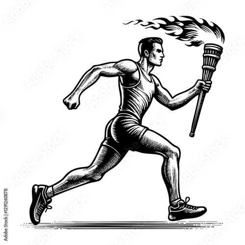 Man run holding torch sketch engraving black and white outline. Scratch board imitation.  illustrated in vintage line art style on a white background.
