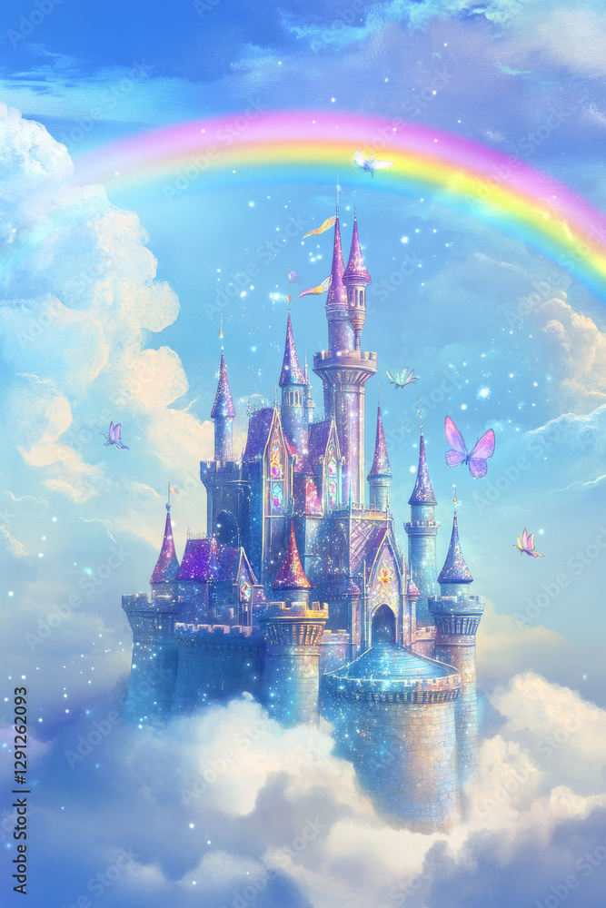 Illustration of a magical castle in the clouds, with sparkling turrets and a rainbow arching across the sky. Little fairies fly around the castle, and the overall scene is playful and enchanting, Illustration of a magical castle in the clouds, with sparkling turrets and a rainbow arching across the sky. Little fairies fly around the castle, and the overall scene is playful and enchanting,