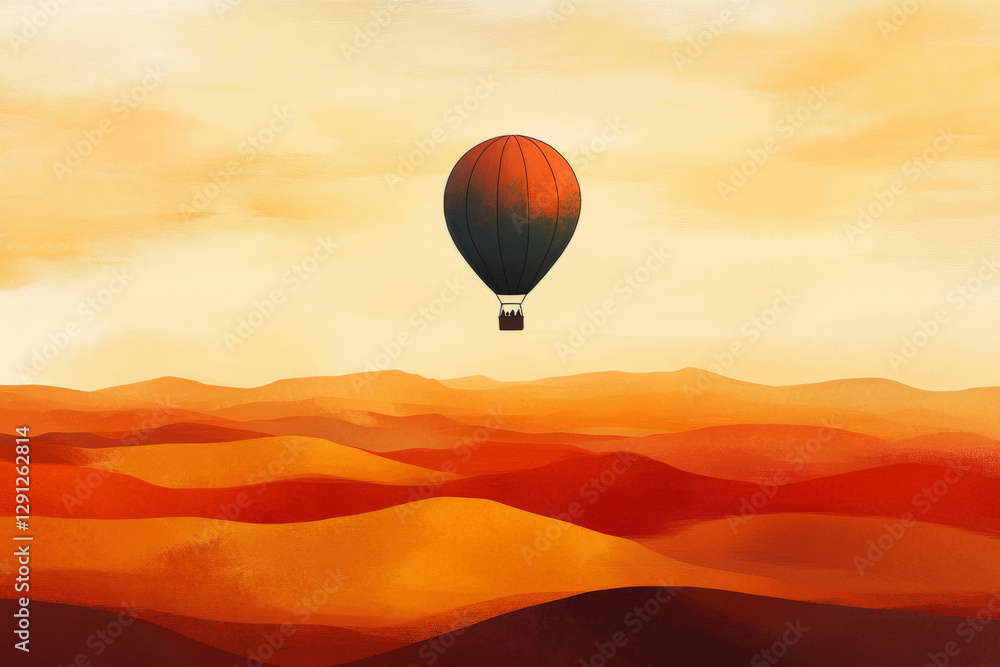 Obraz premium Illustration of a hot air balloon flying over a vast desert at sunrise. The rich oranges and reds of the sand contrast with the soft pastel colors of the morning sky, creating a stunning scene of