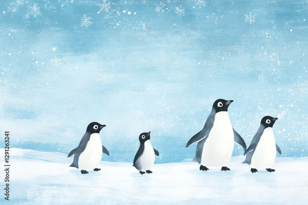 Obraz premium Illustration of a family of penguins waddling across the icy landscape, with snowflakes gently falling from the sky. The adorable little penguins look curious and playful, adding a sense of fun to the