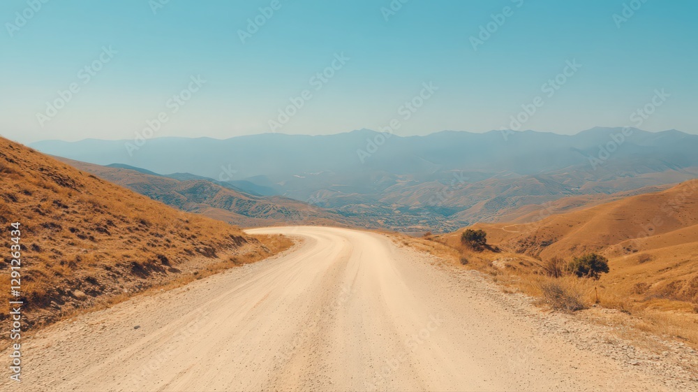 Winding Dirt Road Through Dry Hills Towards Distant Town Under Bright Sky Winding Dirt Road Through Dry Hills Towards Distant Town Under Bright Sky