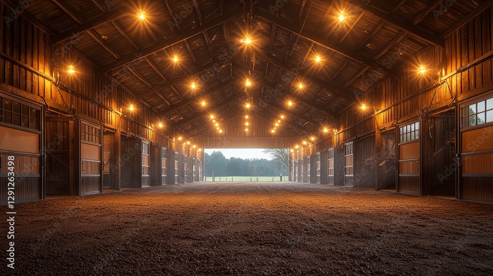 A beautifully lit empty barn interior showcasing rustic charm and spaciousness with soft lighting and an inviting atmosphere A beautifully lit empty barn interior showcasing rustic charm and spaciousness with soft lighting and an inviting atmosphere