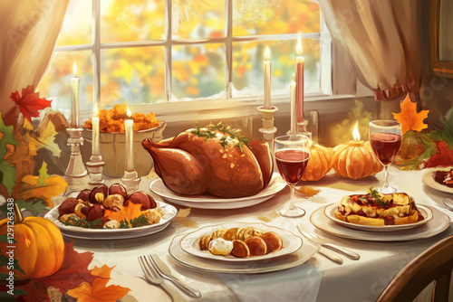 Illustration of a festive table set for a holiday feast, with plates of delicious food, candles, and autumn themed decorations. The warm, inviting colors and cozy atmosphere create a perfect setting