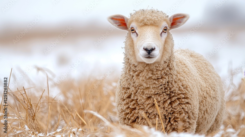 Obraz premium A serene winter scene featuring a fluffy lamb in a snowy field with golden grass, exuding a sense of calm and innocence.