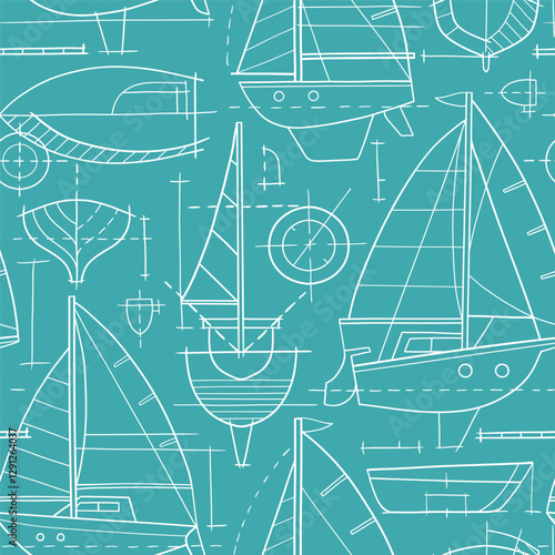 Seamless pattern with hand drawn sailboat blueprint. Sailing ship vector sketch design. Perfect for textile, wallpaper or print design. EPS10 vector file.	