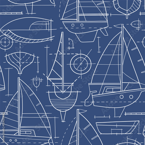 Seamless pattern with hand drawn sailboat blueprint. Sailing ship vector sketch design. Perfect for textile, wallpaper or print design. EPS10 vector file.	
