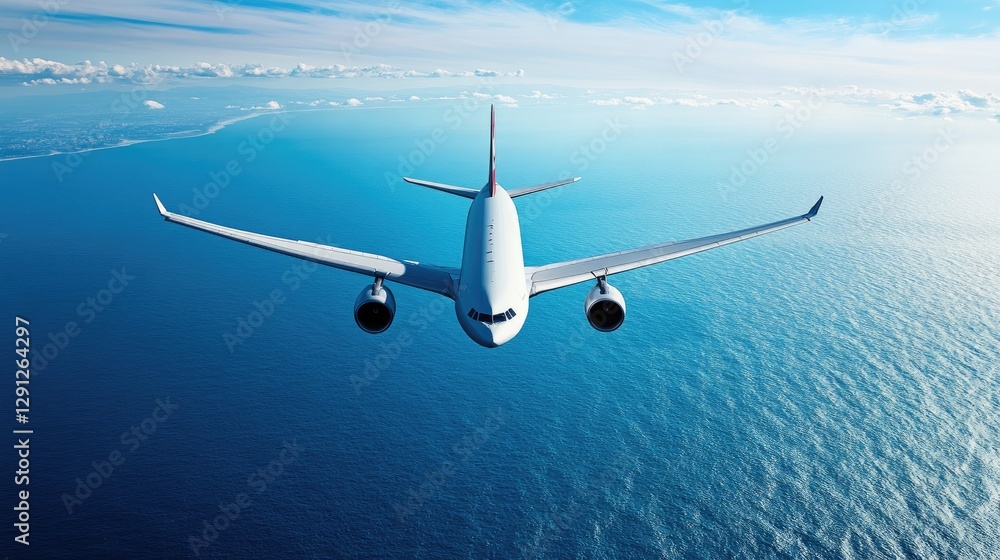 Naklejka premium A beautiful, clear sky with an airplane flying high above the ocean, showing the vastness of the transatlantic journey over the deep waters.