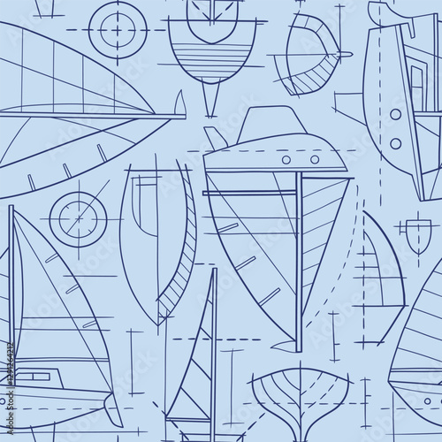 Seamless pattern with hand drawn sailboat blueprint. Sailing ship vector sketch design. Perfect for textile, wallpaper or print design. EPS10 vector file.	