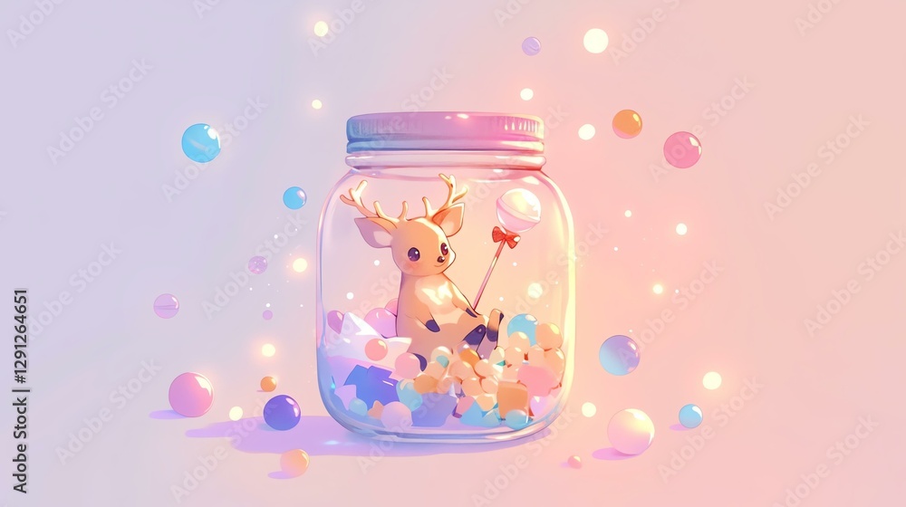A whimsical deer in a jar, surrounded by colorful sparkles and soft pastel hues. A whimsical deer in a jar, surrounded by colorful sparkles and soft pastel hues.
