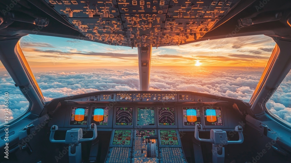 Obraz premium A clear cockpit window framing a beautiful view of the clouds and airplane's wing, with flight instruments in the foreground.