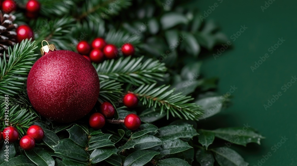 Obraz premium Christmas ornaments on greenery, festive display, deep green backdrop