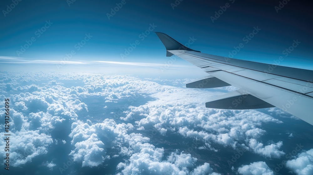 A close-up of an airplane wing cutting through the clouds, with the earth far below and the horizon stretching into the distance, representing global flights. A close-up of an airplane wing cutting through the clouds, with the earth far below and the horizon stretching into the distance, representing global flights.