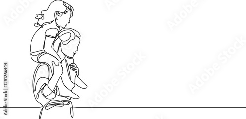continuous single line drawing of mother carrying daughter on her shoulders, line art vector illustration