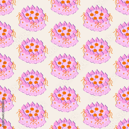 Seamless vector pattern with cute coquette cake. Pink dessert with cherry and bows on background. Texture for girl birthday, anniversary, wedding event