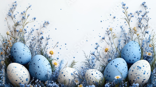 Happy easter template with blue, white rustic floral eggs, dotted background. Vector illustration. Design layout for invitation, card, menu, flyer, banner, poster, voucher photo