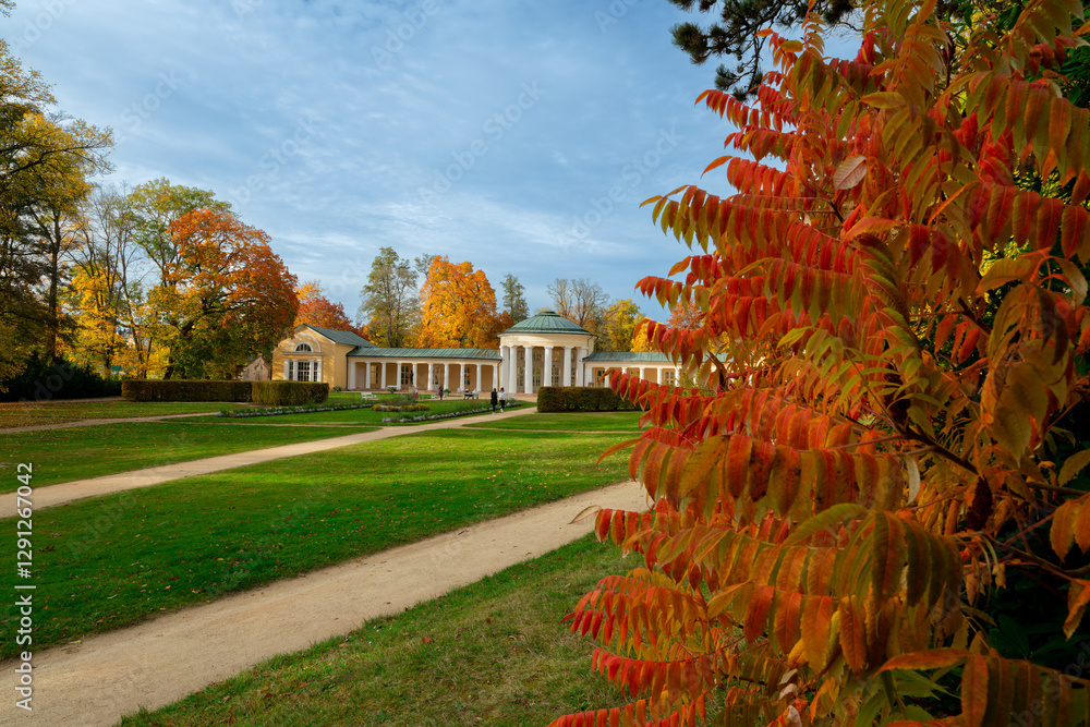 Spa architecture - colonnade of cold mineral water spring Ferdinand - autumn in the park of great spa town Marianske Lazne (Marienbad) in the western part of the Czech Republic (region Karlovy Vary)