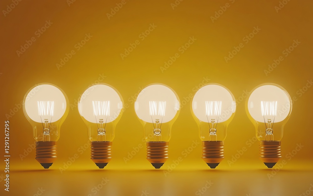 Five light bulbs in a row, yellow background, bright light and energy cost increase concept, clean lines, subtle glowing effect, hyperrealistic, Midjourney AI Five light bulbs in a row, yellow background, bright light and energy cost increase concept, clean lines, subtle glowing effect, hyperrealistic, Midjourney AI