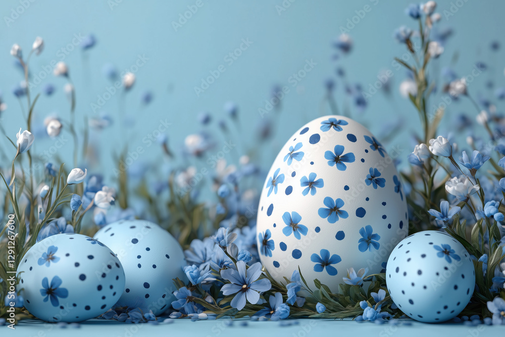 Happy easter template with blue, white rustic floral eggs, dotted background. Vector illustration. Design layout for invitation, card, menu, flyer, banner, poster, voucher
