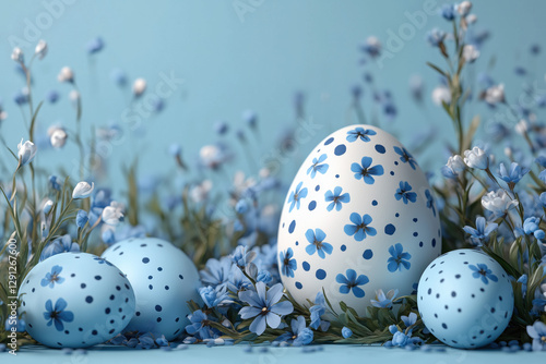 Obraz na płótnie Happy easter template with blue, white rustic floral eggs, dotted background. Vector illustration. Design layout for invitation, card, menu, flyer, banner, poster, voucher w salonie