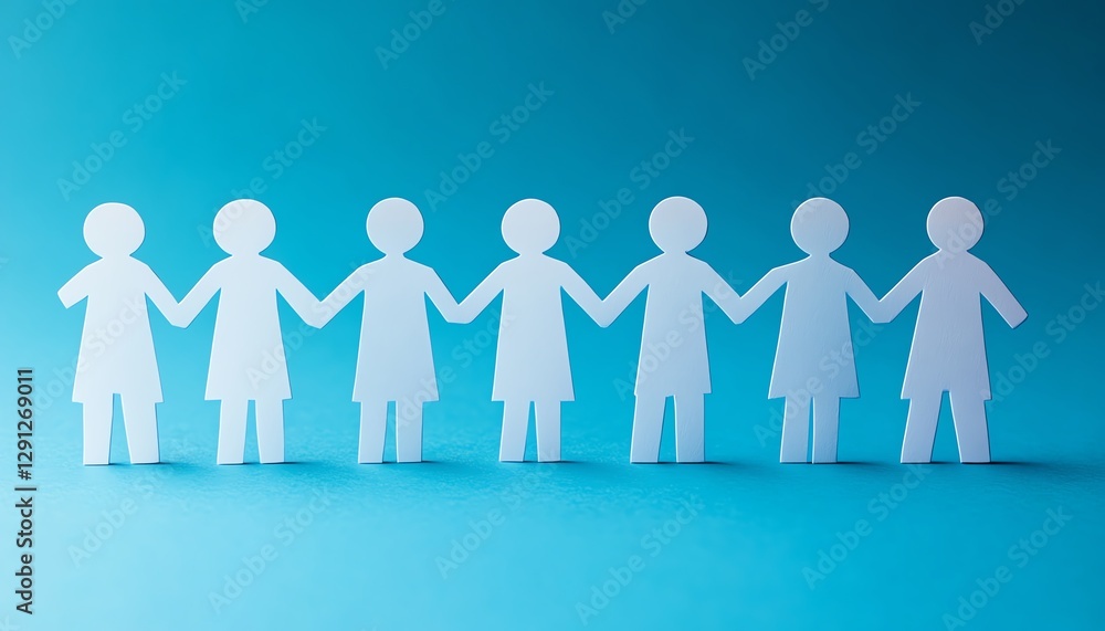 Group of paper cutout people standing in a line against a vibrant blue background, symbolizing unity and progress, clean edges, highdetail, minimalistic style, Midjourney v6 Group of paper cutout people standing in a line against a vibrant blue background, symbolizing unity and progress, clean edges, highdetail, minimalistic style, Midjourney v6