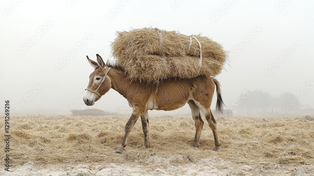 Obraz premium A donkey carrying a heavy load of hay through a foggy farm landscape, showcasing rural life and agricultural practices