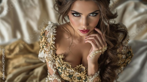 Elegant woman with striking gaze and opulent dress, an embodiment of timeless beauty and grace, captured in a mesmerizing portrait.