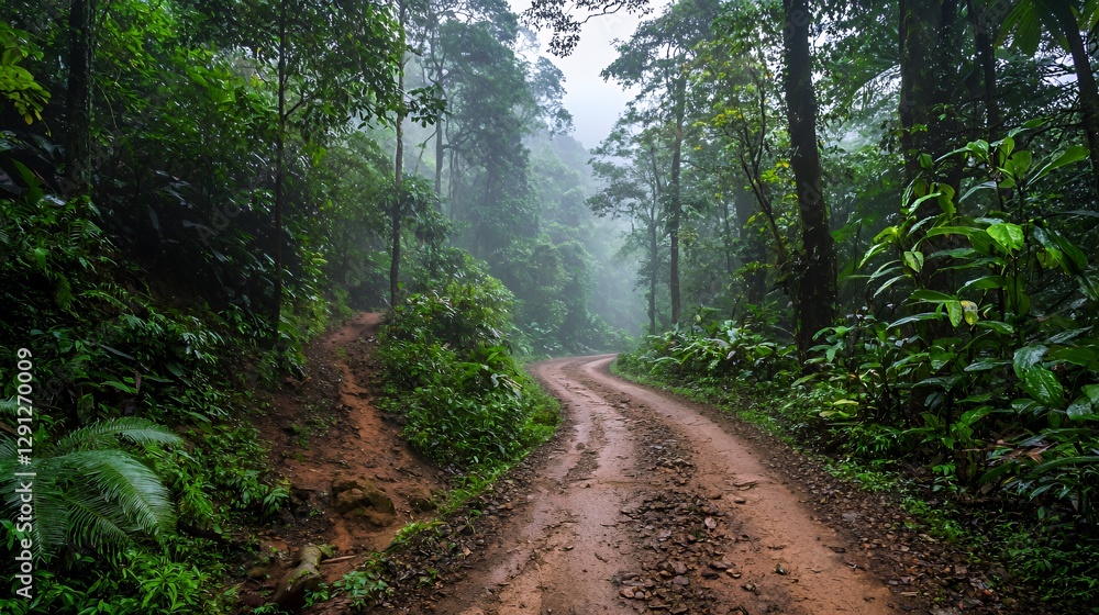 Naklejka premium Misty Forest Path Winding Through Lush Green Rainforest
