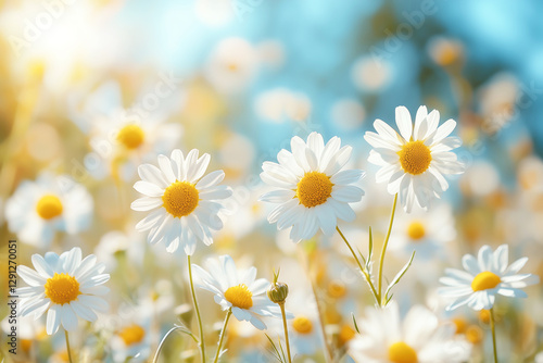 Golden Daisy Field in Warm Sunlight – Beautiful Summer Nature Landscape with White Flowers, perfect for nature photography, floral backgrounds, and summer themes.
