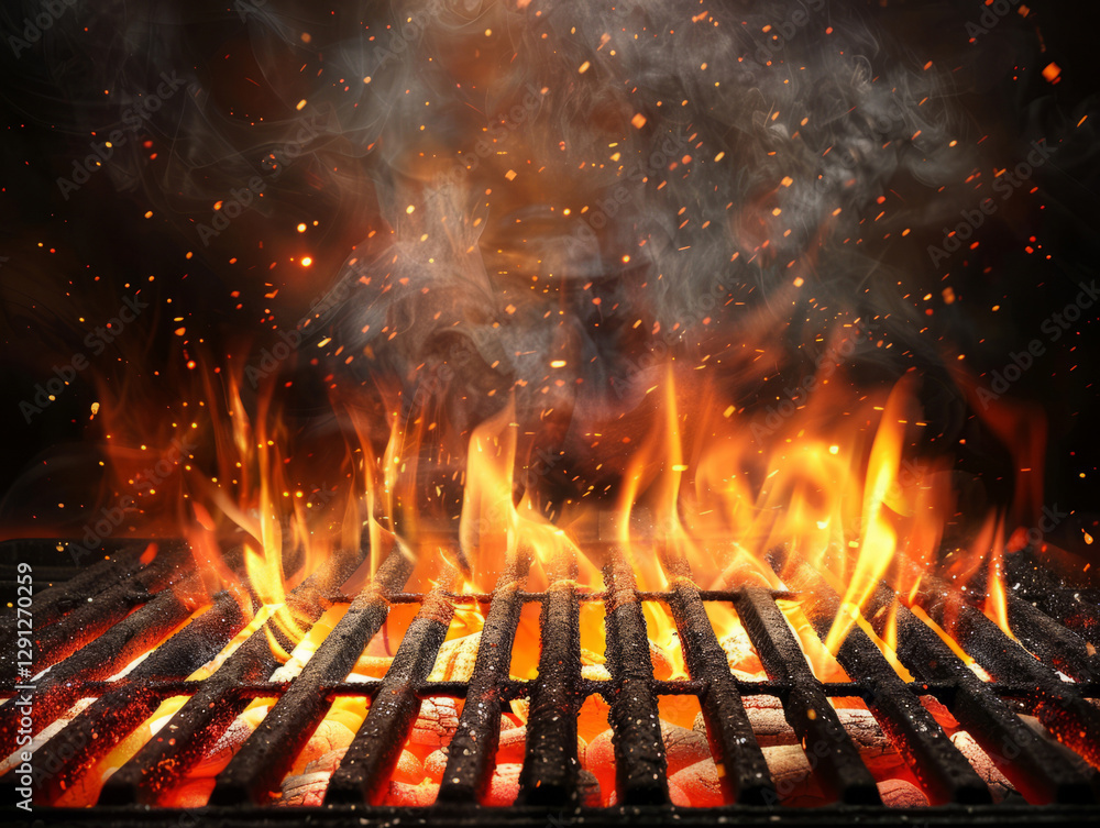 Empty flaming charcoal grill with open fire ready for cooking. Empty flaming charcoal grill with open fire ready for cooking.