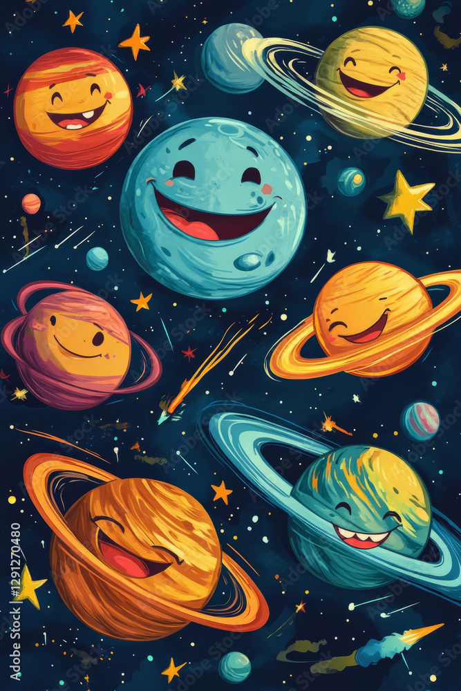 Naklejka premium A group of smiling cartoon planets in a cosmic scene, each with its own unique expression and personality. Shooting stars and swirling galaxies add to the whimsical outer space adventure.