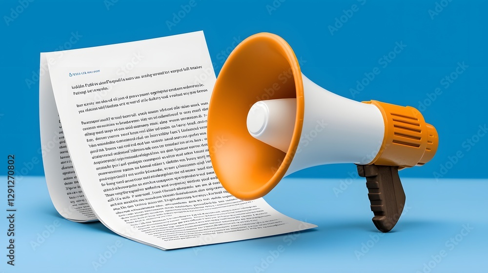 3D Rendered Orange Megaphone and Document on Blue Background