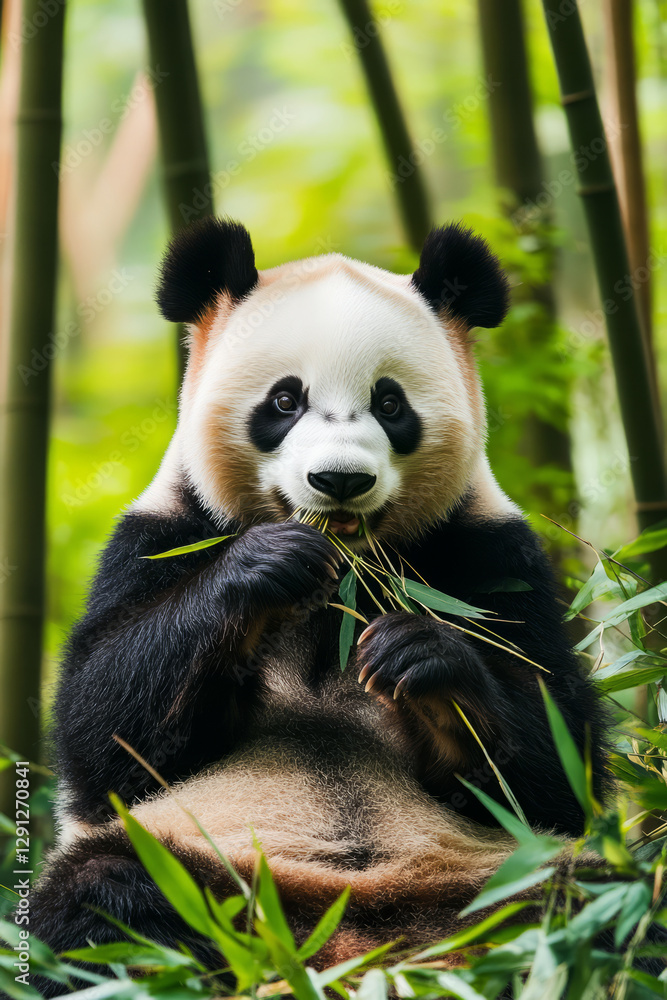 Obraz premium A playful panda munching on bamboo in a bamboo grove. The panda sits on its hind legs, content and relaxed, surrounded by a lush green landscape of tall bamboo stalks.