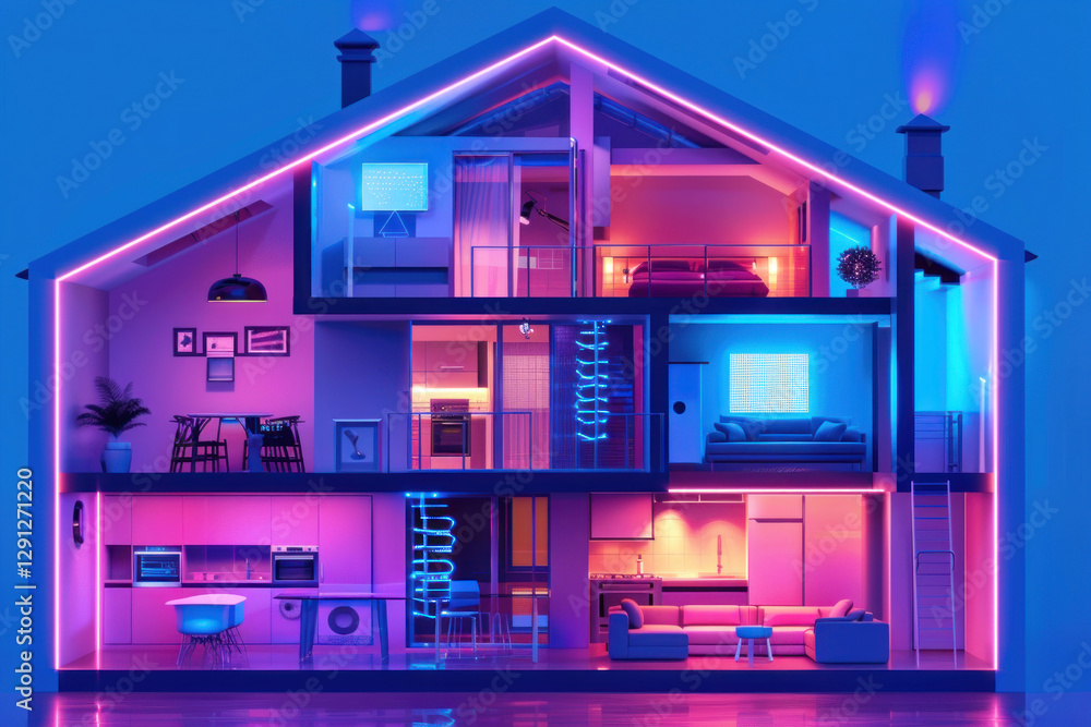 A high-tech home displaying next-gen energy management, with glowing sensors and real-time energy optimization in various rooms A high-tech home displaying next-gen energy management, with glowing sensors and real-time energy optimization in various rooms