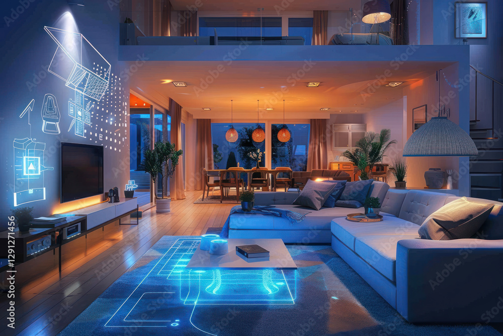 A high-tech home displaying next-gen energy management, with glowing sensors and real-time energy optimization in various rooms A high-tech home displaying next-gen energy management, with glowing sensors and real-time energy optimization in various rooms