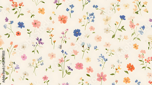 Design an elegant pattern featuring small, colorful flowers in shades of pink and purple on a cream background
