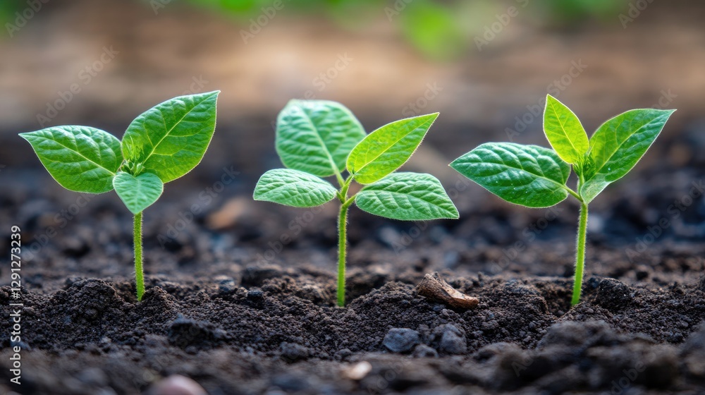 A farm field with young soybean plants growing in precise rows, symbolizing early-stage agriculture. A farm field with young soybean plants growing in precise rows, symbolizing early-stage agriculture.