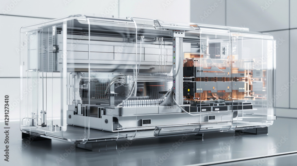 A high-tech residential battery system with a transparent casing, showing the internal components and advanced technology A high-tech residential battery system with a transparent casing, showing the internal components and advanced technology