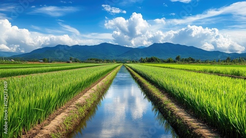 A farm pond surrounded by green crops, serving as a natural water source for sustainable irrigation.