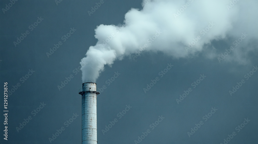 A tall chimney releases white smoke against a cloudy sky, symbolizing industrial activity and environmental impact A tall chimney releases white smoke against a cloudy sky, symbolizing industrial activity and environmental impact