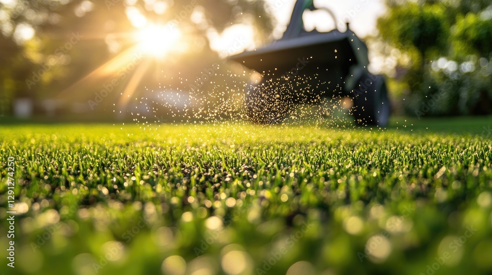© Matcha_09 - A fertilizer spreader dispensing granules onto a green lawn in the background. © Matcha_09 - A fertilizer spreader dispensing granules onto a green lawn in the background.